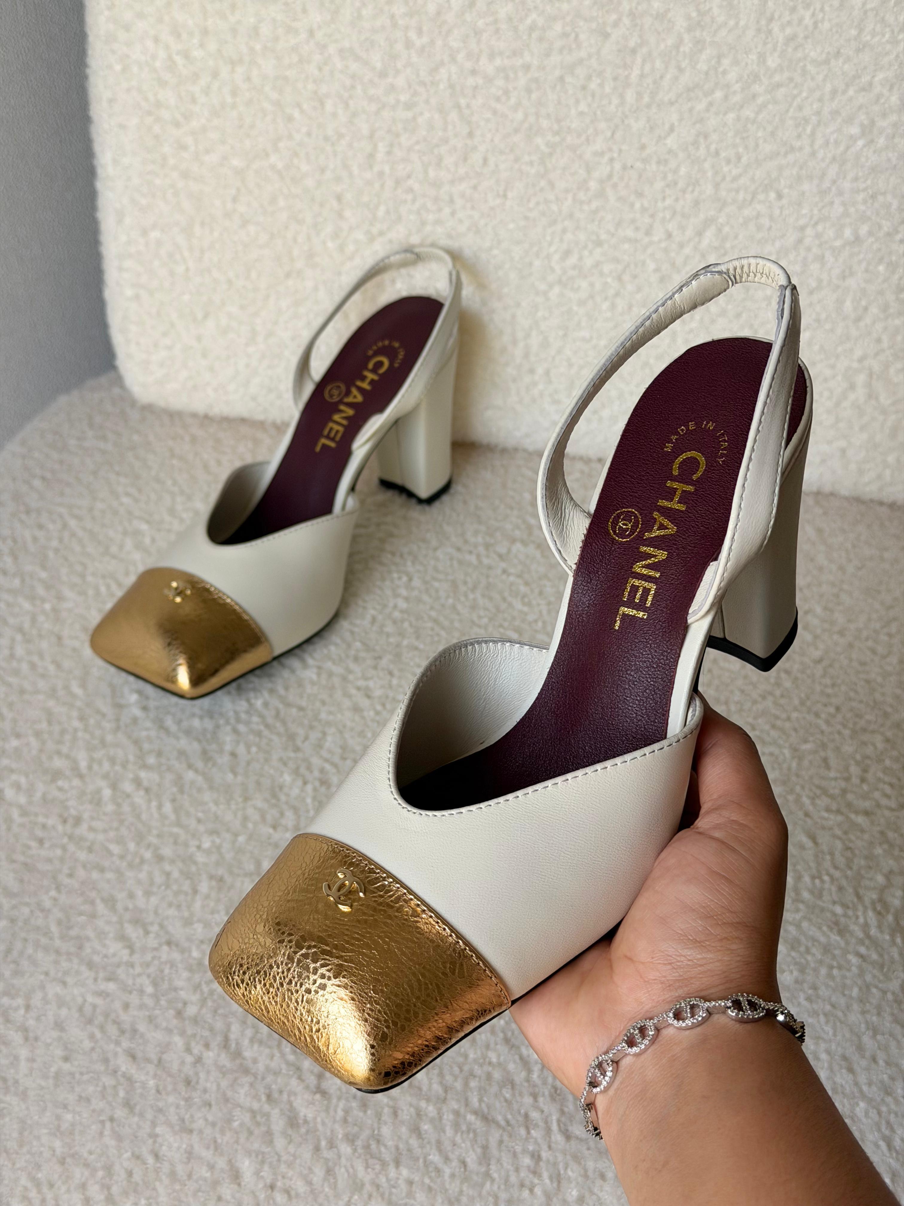 Chanel White And Gold Heels