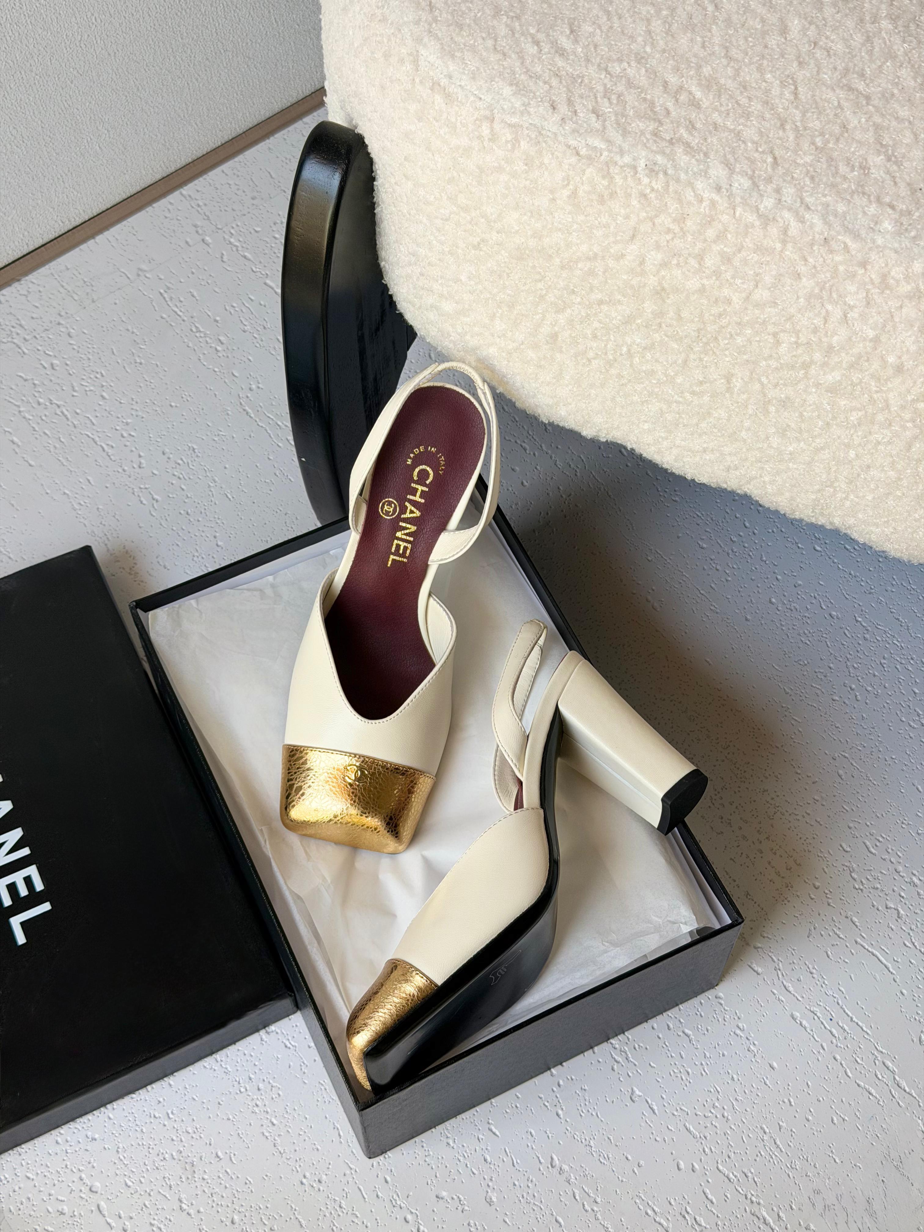 Chanel White And Gold Heels